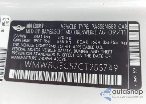 2012 Mini Cooper из США, поврежденный, VIN WMWSU3C57CT255749